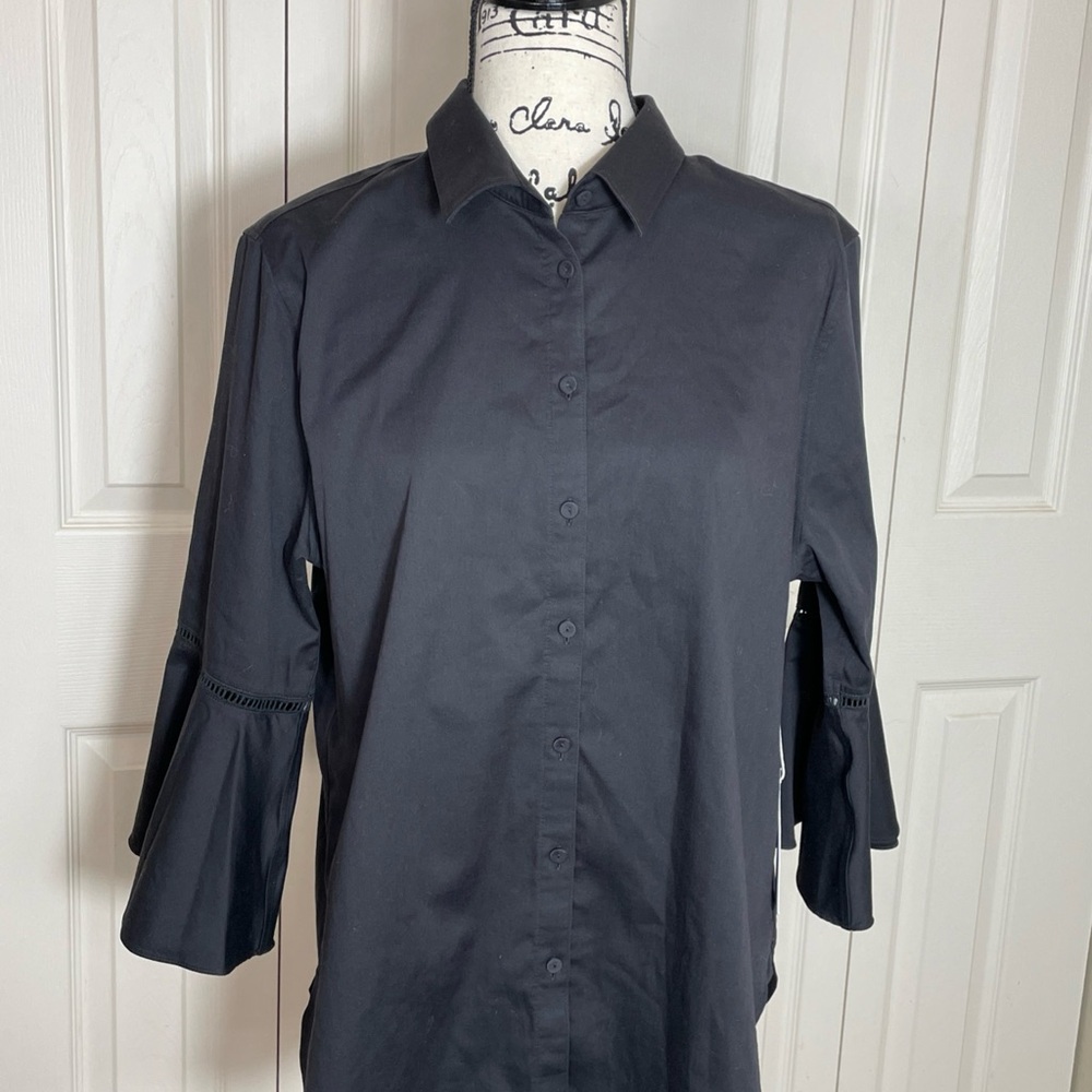 Chico’s Women's Black Stretch Cotton Flared Sleeve LS Button Up Shirt - Sz 2 NWT - Picture 2 of 14
